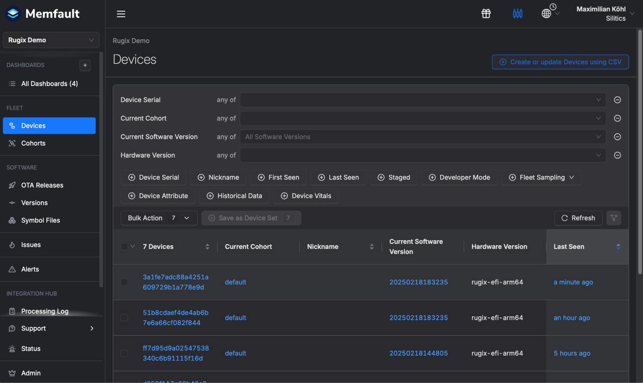 Screenshot of the Device List within Memfault